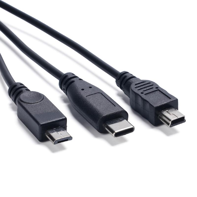 USB Charging Spliter Cable 3 in 1 Data Cord with Type C Tiny  USB & Mini 5P  Connectors 30cm Length for Fast Charging