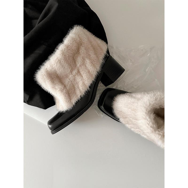 Stylish niche personalized warm snow boots women's French square head thick heel plush winter plush cotton boots