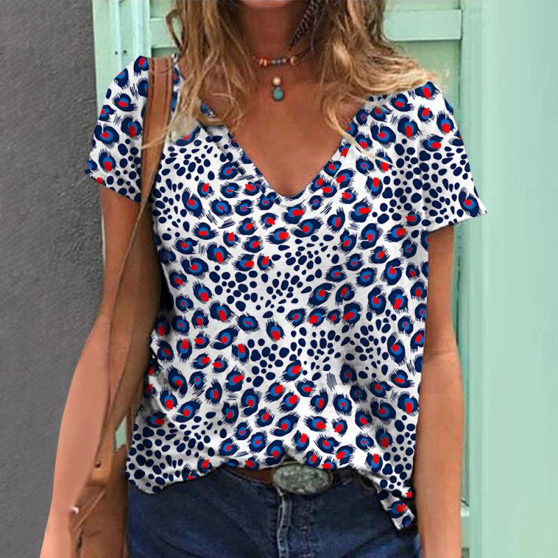 

Жіночі футболки з V-подібним вирізом Топи з 3d леопардовим принтом Трійники Повсякденний вуличний жіночий одяг Літня мода Велика футболка Жіночий одяг Y2k 3XL