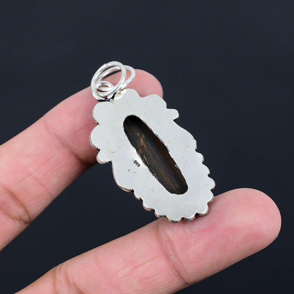 925 Sterling Silver Oval Iron Tiger Eye Stone Sister Anniversary Pendant Jewelry