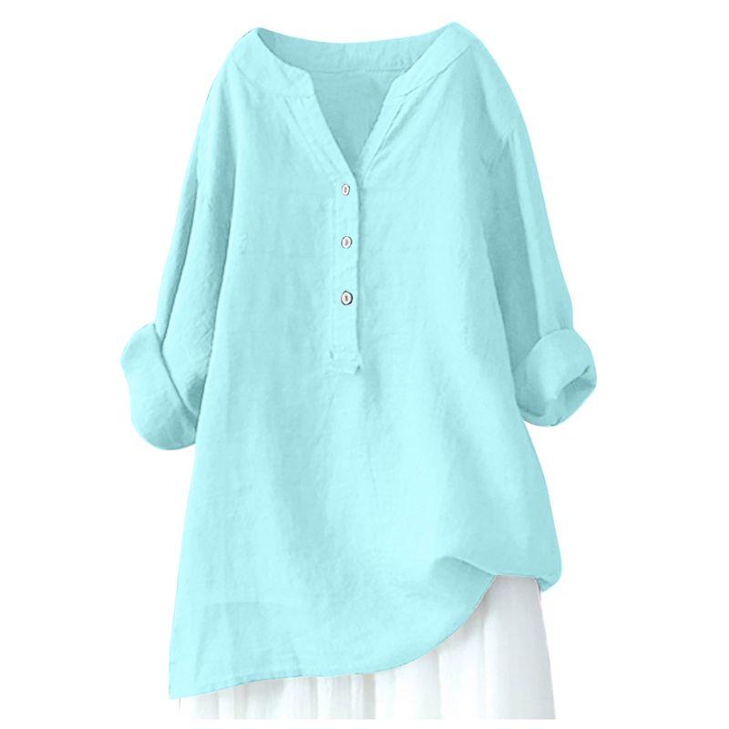 

Spring New Arrival Women s Clothing Fashion Style Pure Color Loose Slim Looking V-neck Long Sleeve Shirt Three Buttons Street All-Match Shirt Light Blue S