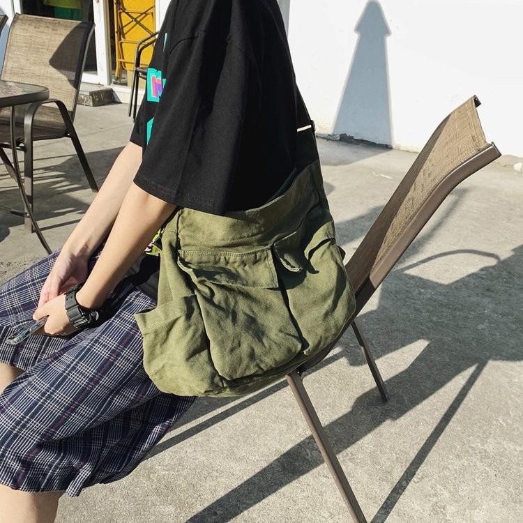 Canvas Messenger Bag - Large Hobo Tote Crossbody Bag For Women & Teens, Army Green With Multiple Pockets