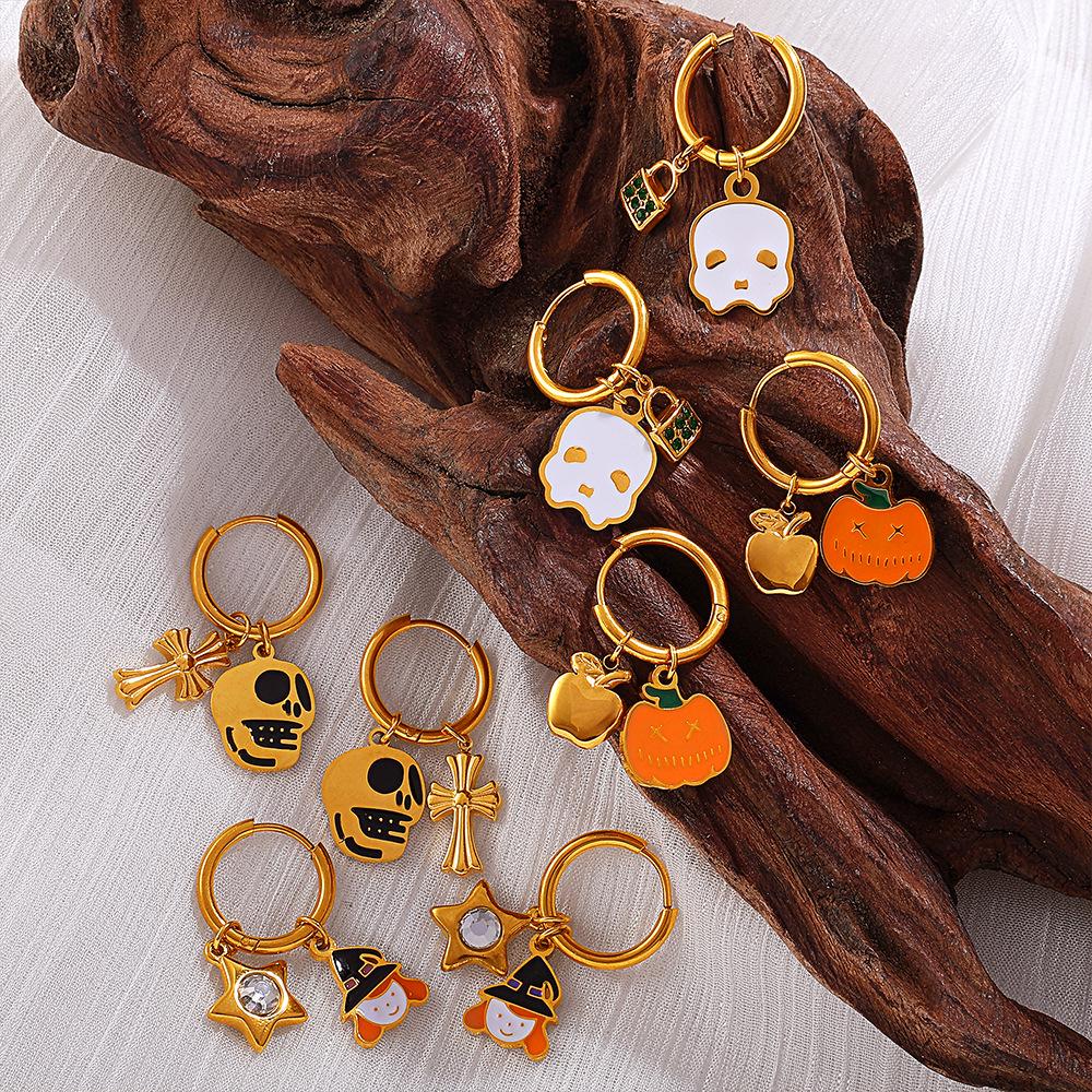 European & American Christmas Pumpkin Pendant Earrings: 18K Gold-Plated Stainless Steel, Versatile Drip Oil Design for Women