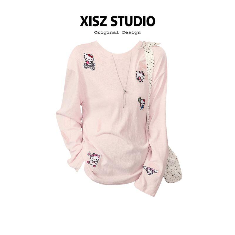 

Sweet Style Pink Kt Cat Print Thin Long-Sleeved T-Shirt for Women, Spring and Summer Design, Age-Reducing Round Neck Loose Sun Protection Shirt Pink [High Quality] S