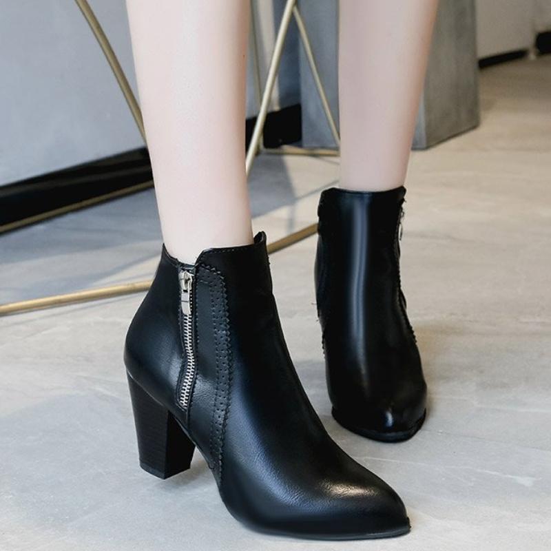 Fashion Women's Boots Chunky Heel Womens Ankle Boots Pu Leather Non Slip High Heels Side Zip Fashion Women Shoes Retro Zapatos De Mujer
