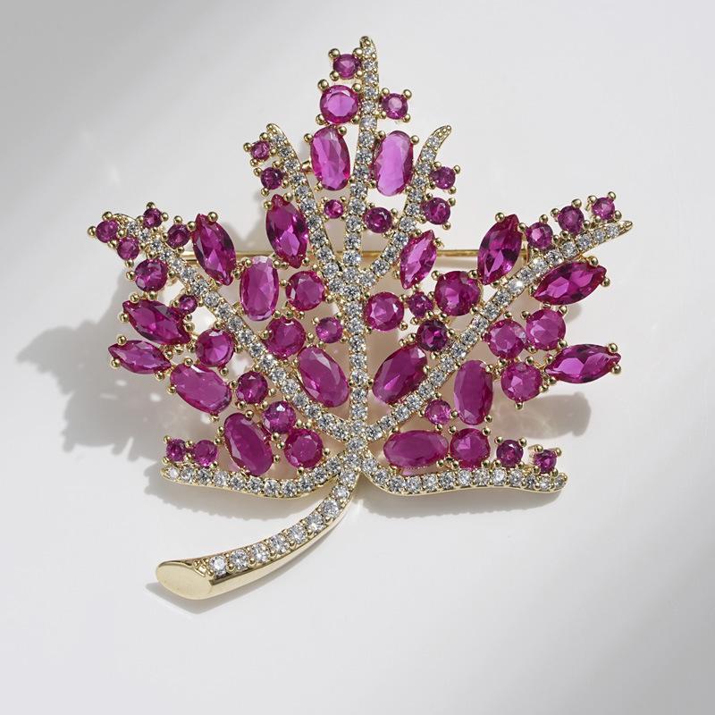 Bo Xin Yun Tourmaline Red Maple Leaf Cubic Zirconia Brooch - New Fashionable Leaf Accessory.