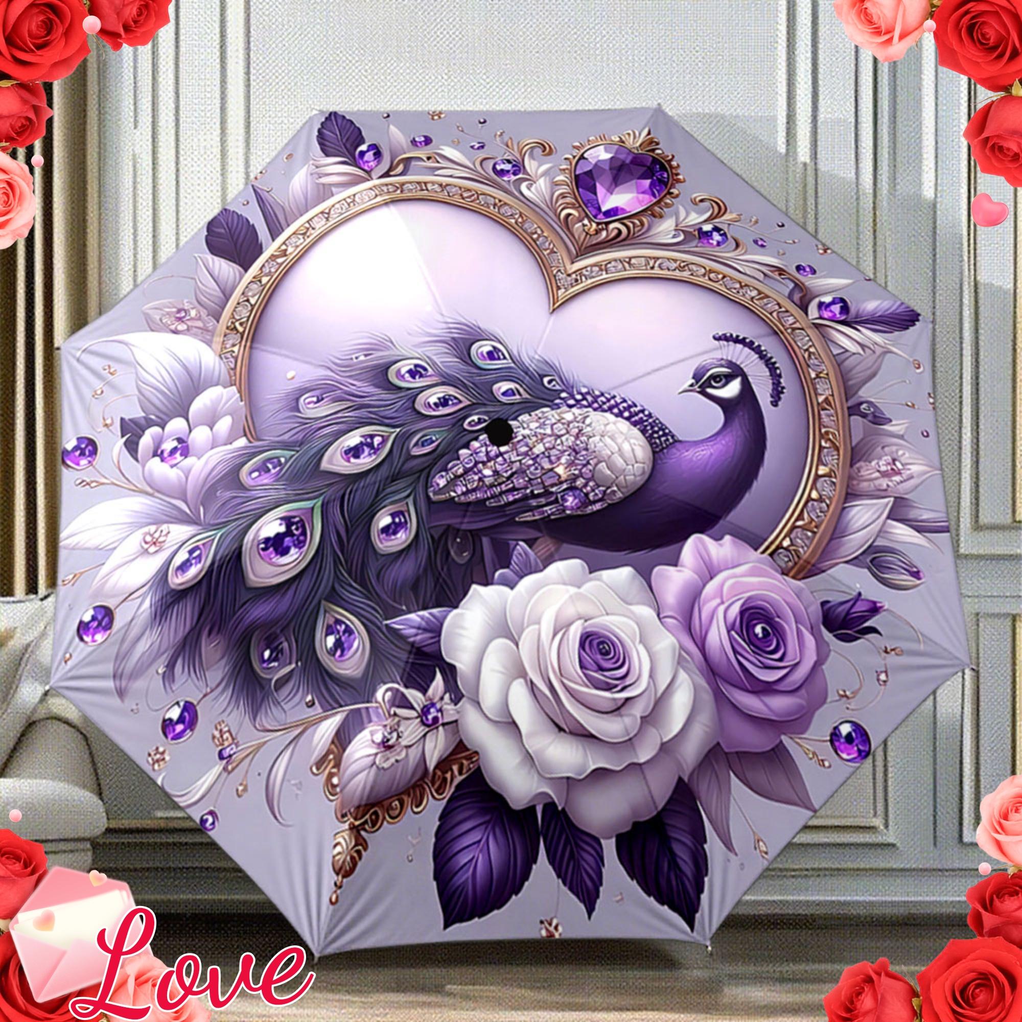 

A Collapsible Umbrella Featuring a Peacock Embellished with Purple Gems And Encircled by Roses. It S a Convenient Accessory fo Iron&8K