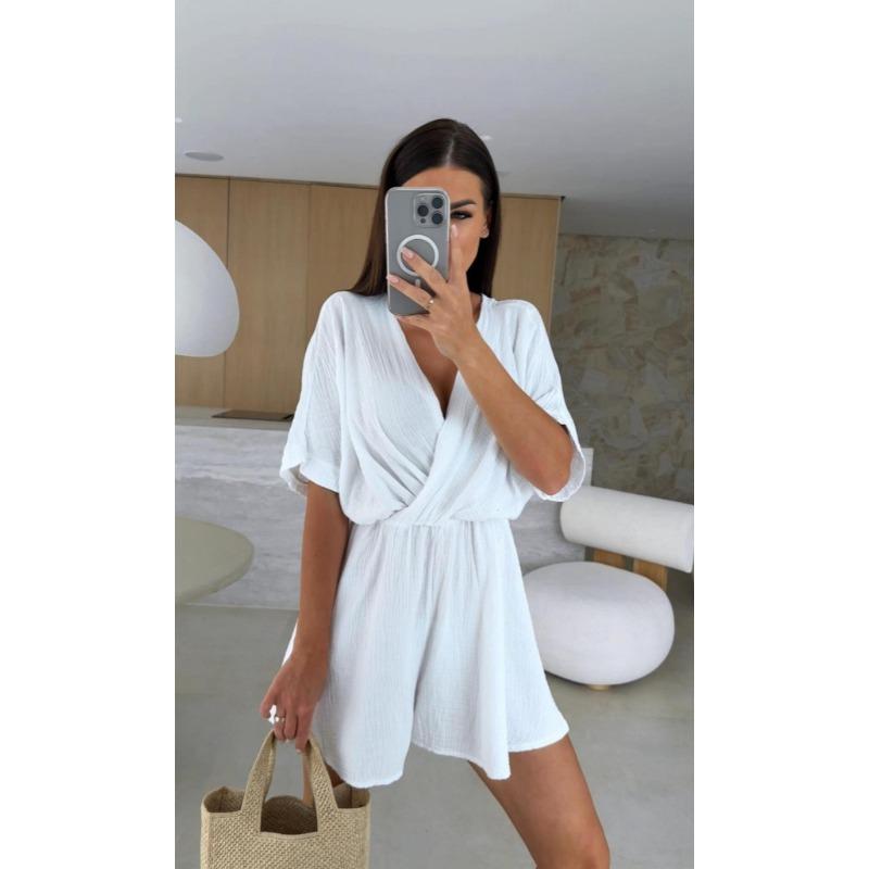 Summer Fashion Cross V Neck Loose Women Jumpsuits Casual Solid Color Short Sleeve Elegant Simple Party Playsuits Office Streetwear Women's Clothing