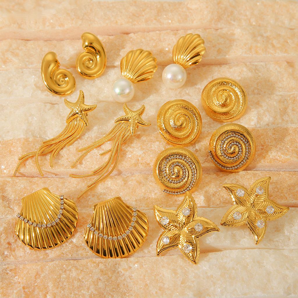 Ocean Elements Scallop Titanium Steel Earrings, 18K Gold Stainless Steel Ear Rings, Conch Starfish Studs