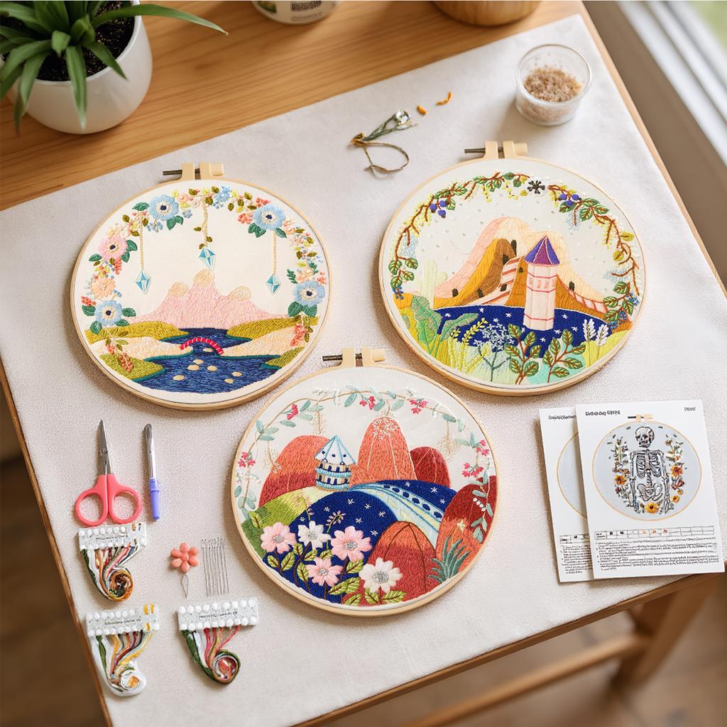 4 Pack Scenery DIY Stitches Kit with Embroidery Hoop Embroidery Stitches Practice Kit 30x30cm for Adult Beginners Gift for Women