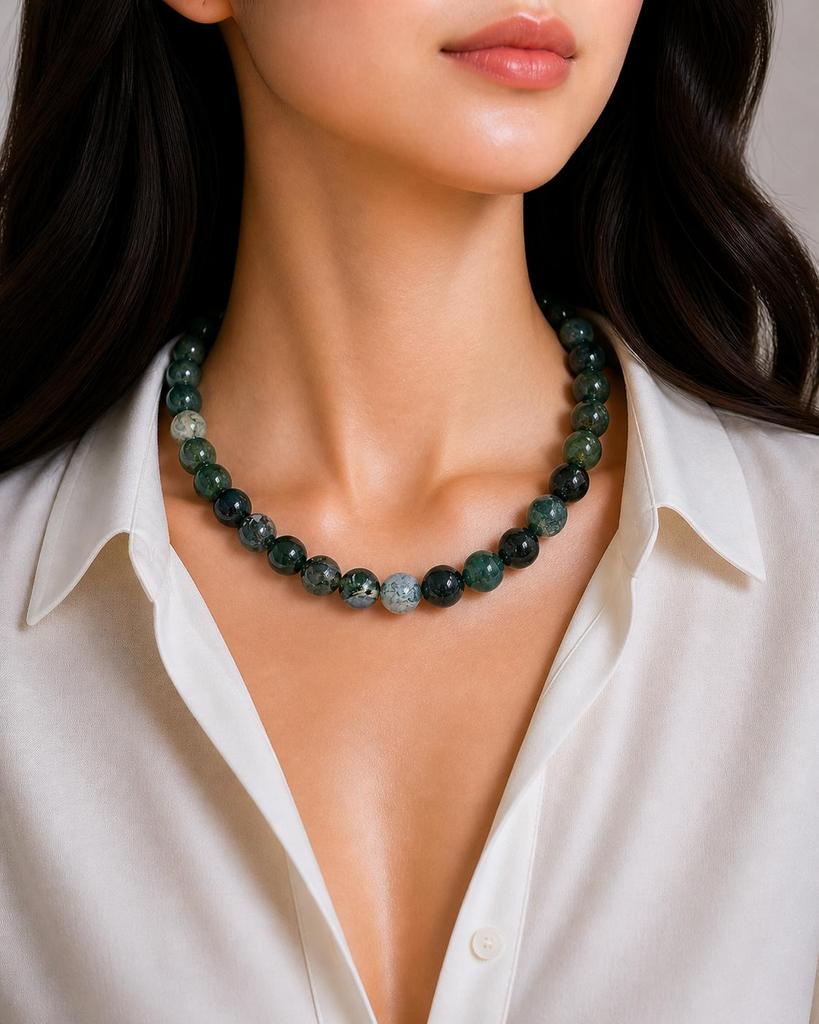 8mm Natural Moss Agate Gemstone Round Beads Handmade Jewelry Women's Necklace 17-20" For Wedding 8BN-46
