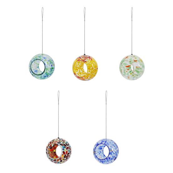 Colorful Glass Bird Feeder Fly Through Round Bird Feeder Outside Hanging Feeder to Attract Wild Birds for Garden Yard Deck Patio Decor