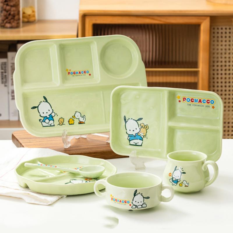 Für Sanrio Pochacco Keramik Kinder-Teller mit Fächern Runder unterteilter Speiseteller Cartoon Tasse Mikrowellenfestes Geschirr