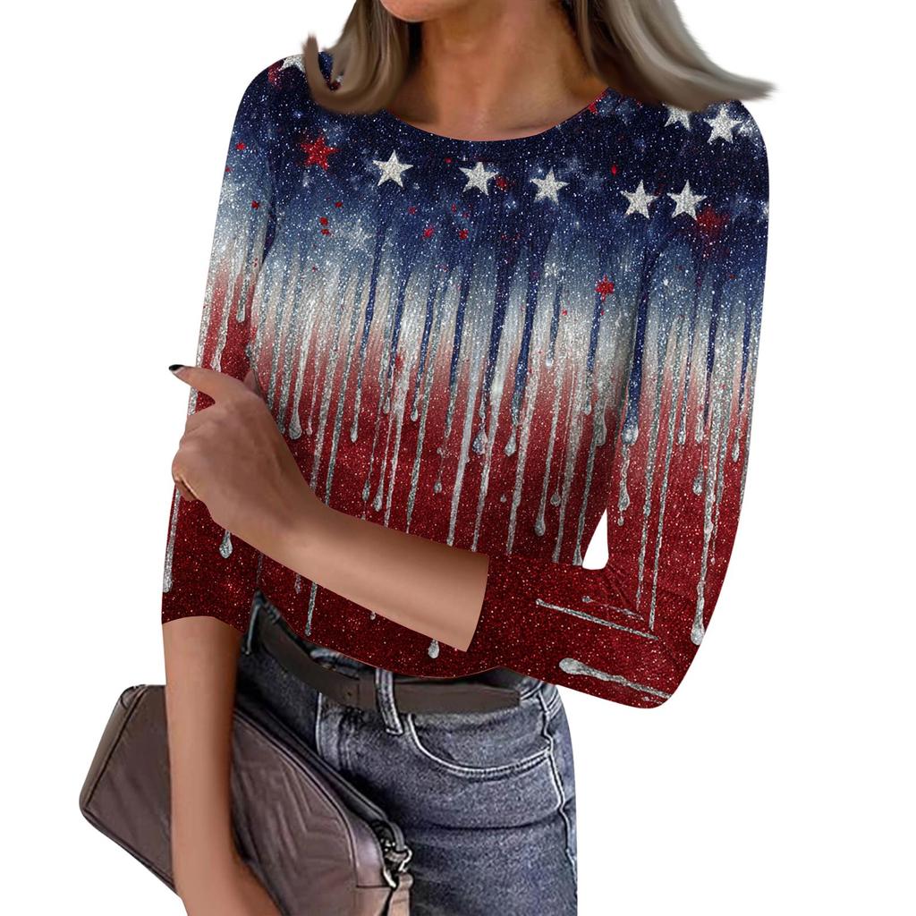 Women's Casual Fashion Round Neck Independence Day Print Three-Quarter Sleeve Ribbed Top