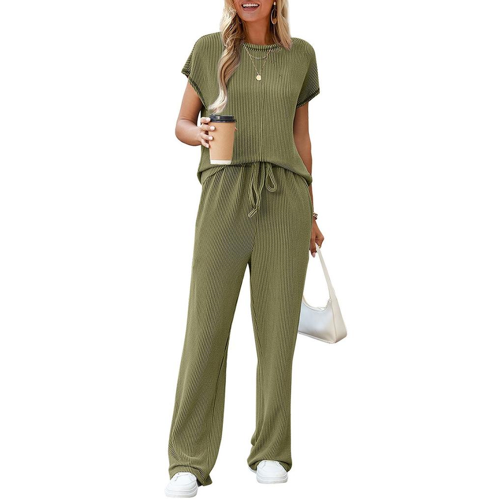 Damen Entspannter Zweiteiler Outfit Kurzarm Oberteil Kordelzug Taille Weiter Bein Passendes Set