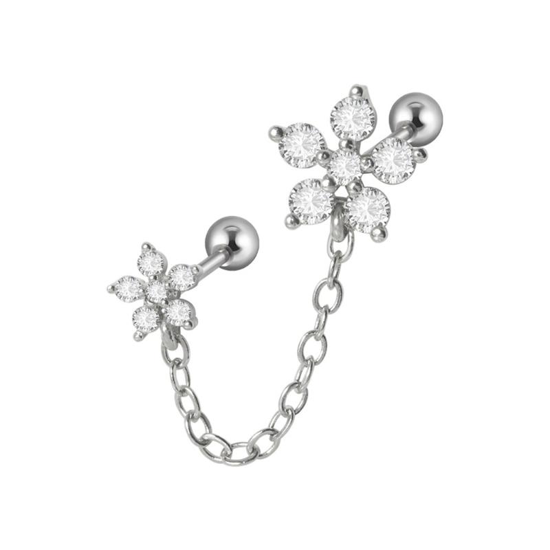 Colorful Zircon Tragus Helix Ear Lobe Stud Chain Link Earring Women Drop Ear Ring Fashion Jewelry for Daily Wear