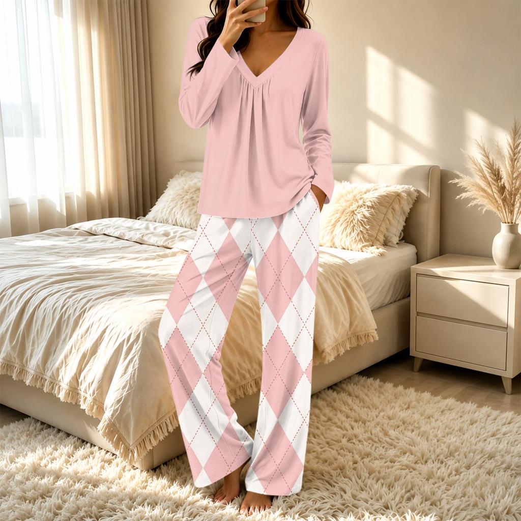 Women's V-Neck Loose Fit Printed Pajama Set Two Piece Sleepwear for Casual