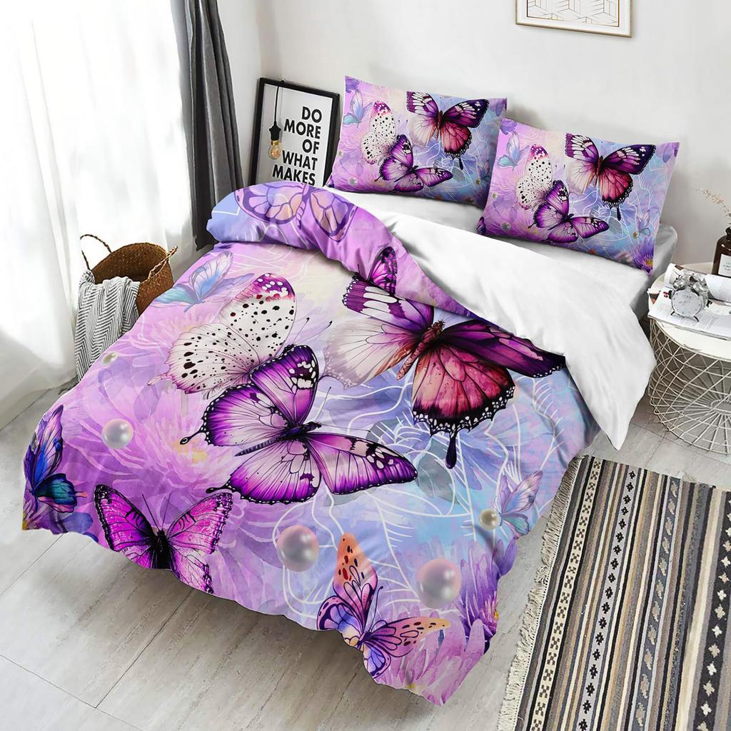 Purple Butterfly Three-Piece Digital Printing Kit 3D Duvet Set Bedding