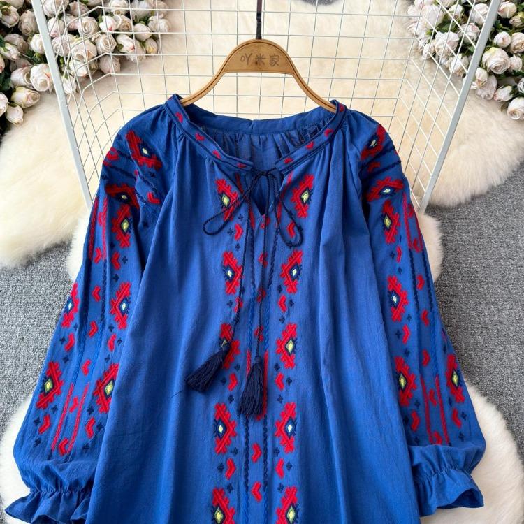 Summer Vintage Women Blouse Embroidered Puff Sleeve Color Block Ethnic Style Camisa Feminina Casual Tops