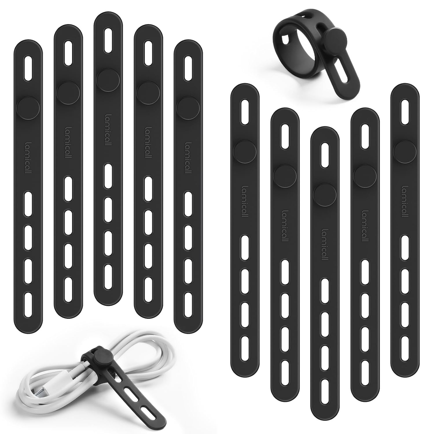 

10-piece set cable band wiring organizer Lamicall silicone tie thick bundling storing USB holder clip secure desk charging cables power cords earphone