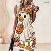 Women Plus Size Sleeveless A Line Dress Round Neck Keyhole Ring Halloween Ghost Pumpkin Printed Casual Dress