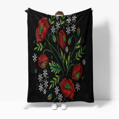 Bestickte Mohnblumen Fleece-Decke Weich Warm Gemütlich Bettüberwurf Dekorative Geschenkidee für Damen Mädchen