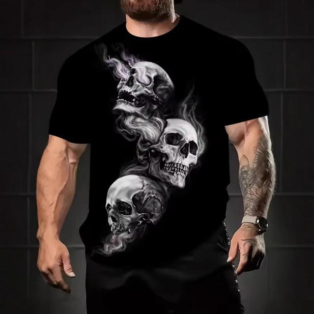 Summer Round Neck 3D Skull Print Top Fashionable Casual Short Sleeved Men's T-shirts