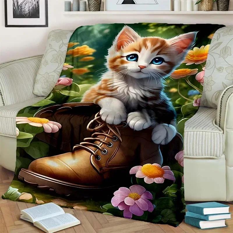 Warm and Cozy Cute Cat Pattern Flannel Blanket for Couch, Bed, Sofa, Office - Soft and Soothing Digital Printing Throw Blanket