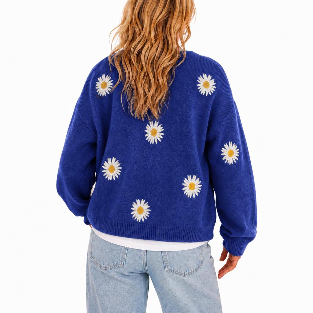 Women's Single Breasted Embroidered Knit Cardigan Sweater with Button Front and Long Sleeve