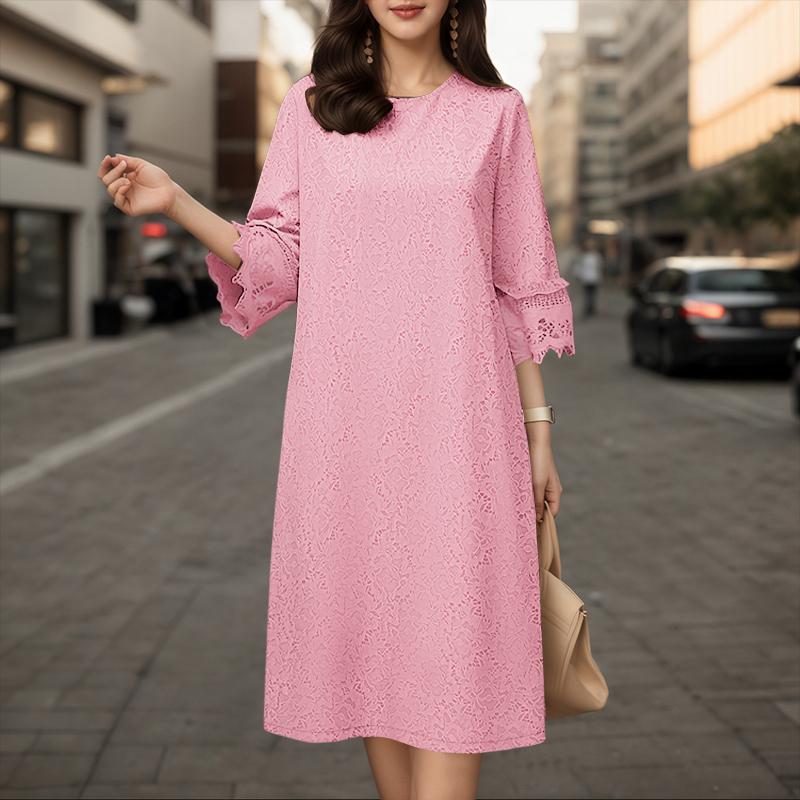 ZANZEA Women Casual Round Neck Loose 3/4 Sleeve Lace Patchwork Dress