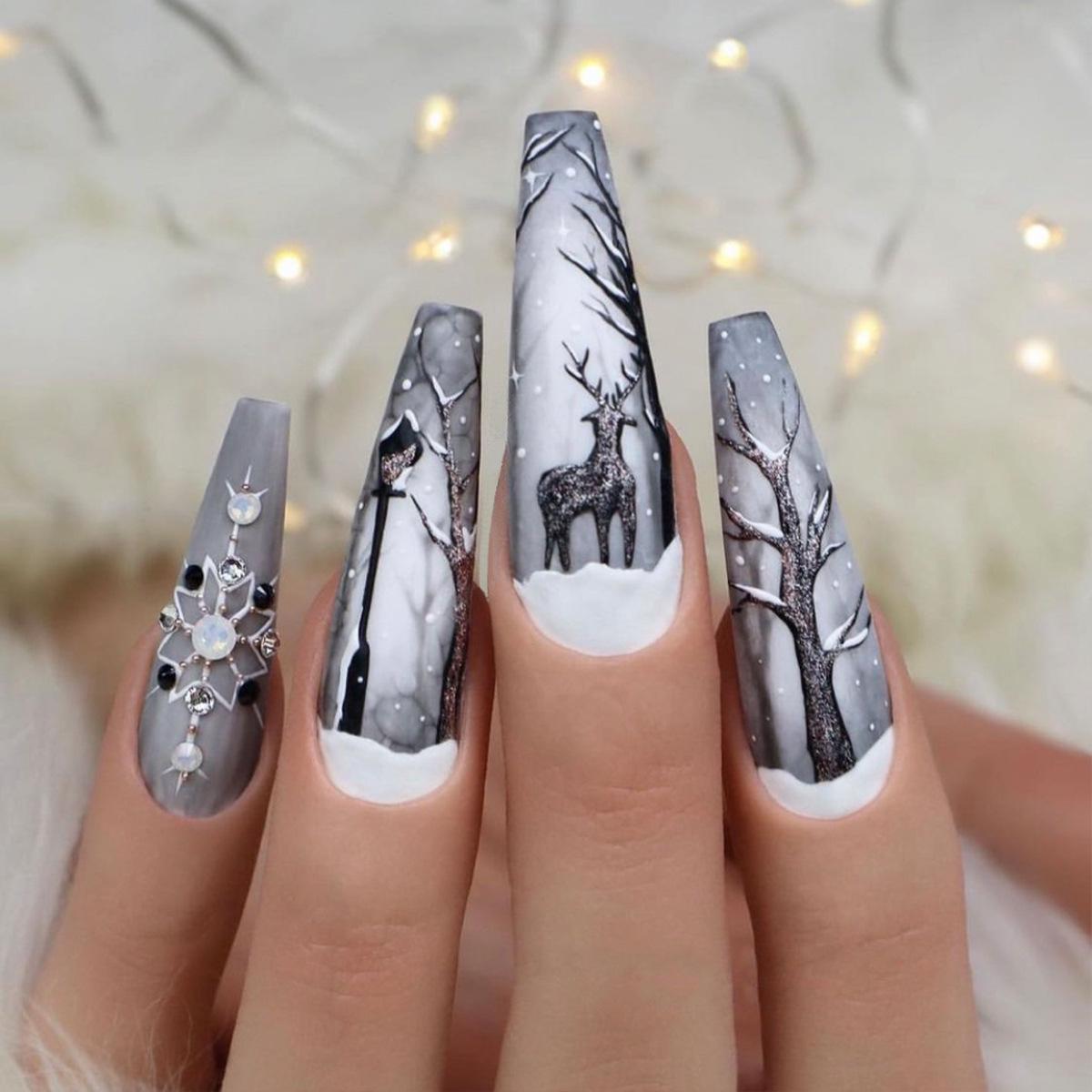 

Festive Long Trapezoid Reindeer Snowflake Pearl Wearable Nails - Grayish White