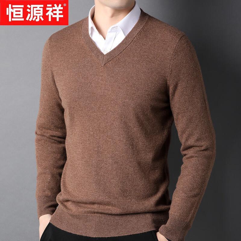 Hengyuanxiang Men's Thickened V-neck Pure Cashmere Pullover Sweater