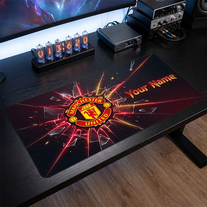 Tappetino per Mouse Grande Personalizzato Manchester United, Stampa Testo Nome Personalizzato, Tappetino da Scrivania Antiscivolo con Logo Calcio, Regalo per Gamer