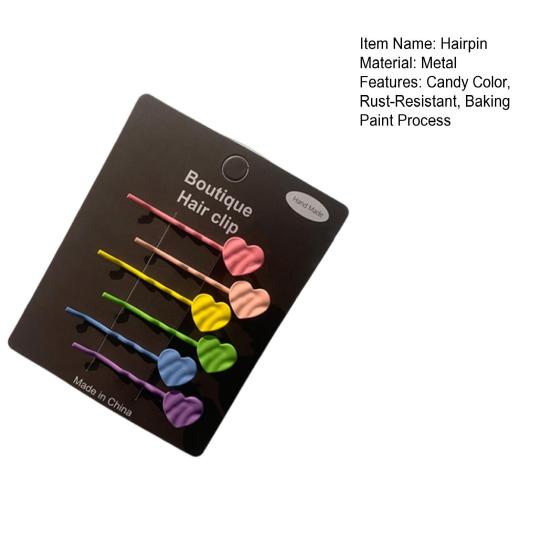 6Pcs Girl Hairpins Baking Paint Process No Peeling Stable Grip Metal Clip Base Hair Pins Star Heart Bowknot Decor Candy Color Hair Clips