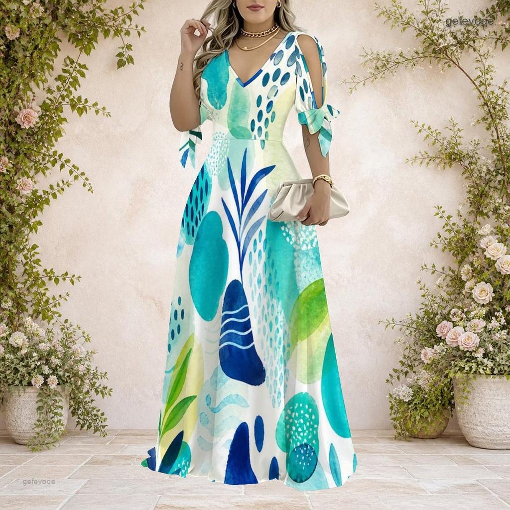 Women Plus Size V Neck Cold Shoulder Tie Cuffs Short Sleeve Black Beige Printed A Line Long Dress