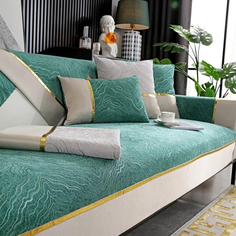 

Легкий роскошный чехол для дивана с рисунком листьев, однотонный чехол с золотым краем, утолщенный чехол для дивана из синели, противоскользящая подушка для дивана для гостиной 90x240cm 1pcs