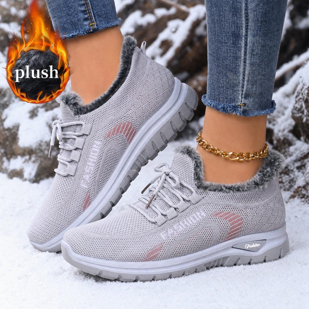 Women Winter Fleece Lined Fly Woven Mesh Sneakers, Soft Sole Warm Casual Walking Sports Shoes