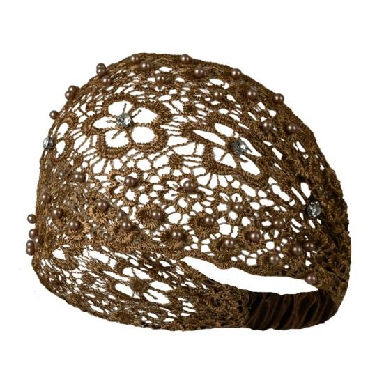 Women Headband Hollow Design Embroidery Lace Flower Elastic Headband with Imitation Pearl Sparkling Rhinestones Inlaid Hair Accessories кофейный