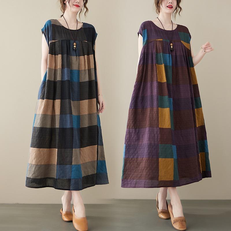 Real summer new literary printing large size hand-folded loose and thin to cover the arms medium and long dress women