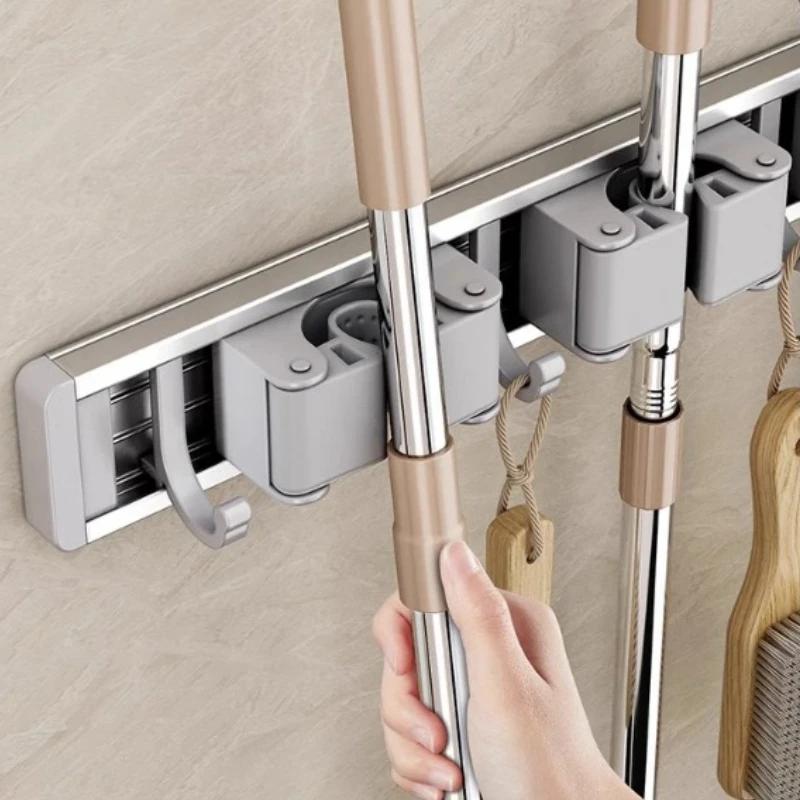 Mop and Broom Organizer Holder Rack Mop Holder Wall Mounted Strong Broom Holder Self With 5 Hooks Organizers Hang Broom