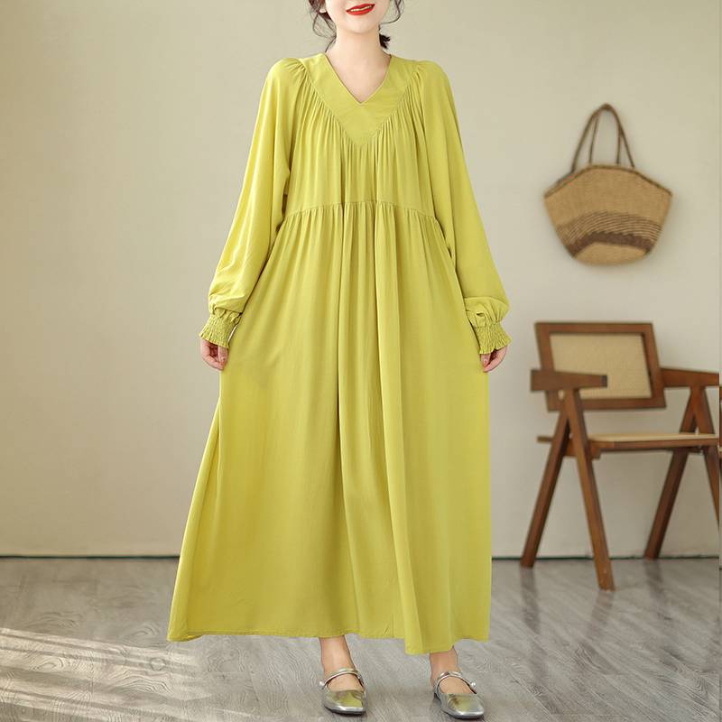 Johnature V-Neck Loose Solid Color Niche Splicing A-Line Dress Woman Spring Fashion Long Sleeves Chinese Style Dress