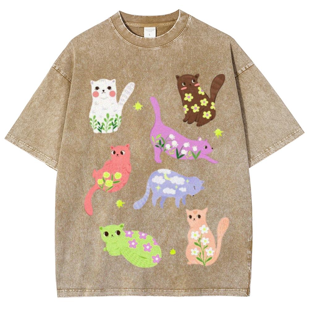 Cartoon Animal Print Women Distressed T-Shirt Oversized Vintage Distressed Short Sleeve Unisex Wash Cute Top