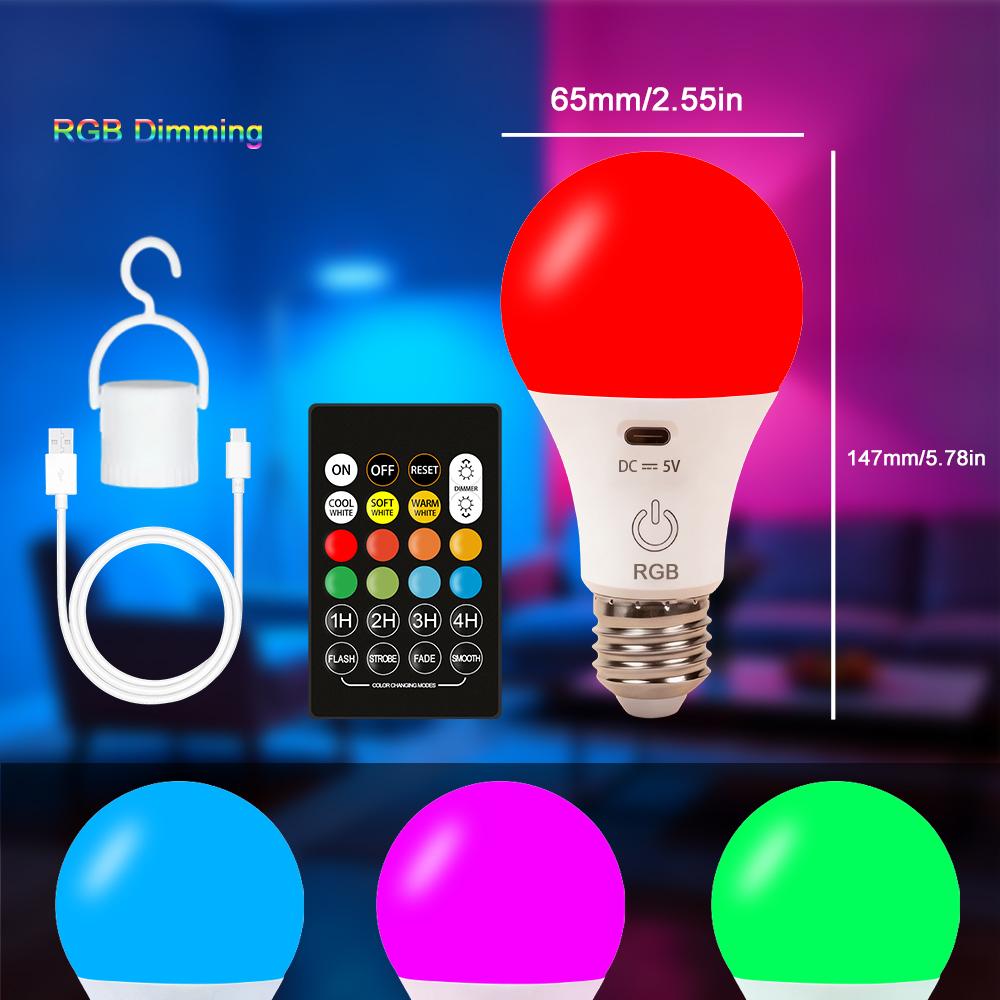 E27 Wireless RGB/CW Stepless Dimming USB Rechargeable Light Bulb with Remote Control Battery-Powered Light Bulb Dimmable/Timer