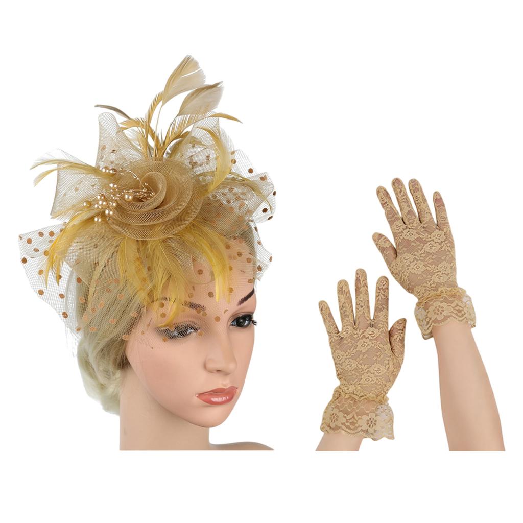 Elegant Lace Veil Fascinator Hat and Wrist Lace Gloves Set Hair Decoration for Bridal Weddings Vintage Tea Party Event
