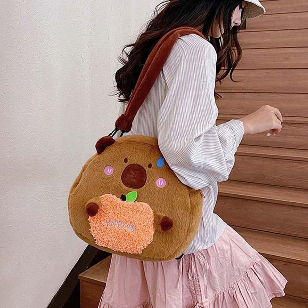 Soft Capybara Shoulder Bag Cute Cartoon Doll Backpack School Bag Plush Capybara Daypack  Girls