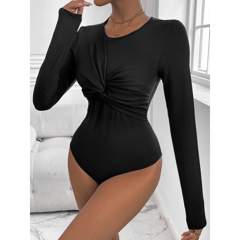 Women Round Neck Black Twisted Sexy Bodysuit Fashion Elegant New Long Sleeve Slim Fit Jumpsuits Rompers Women Black Casual Ladies Bodysuits 2406