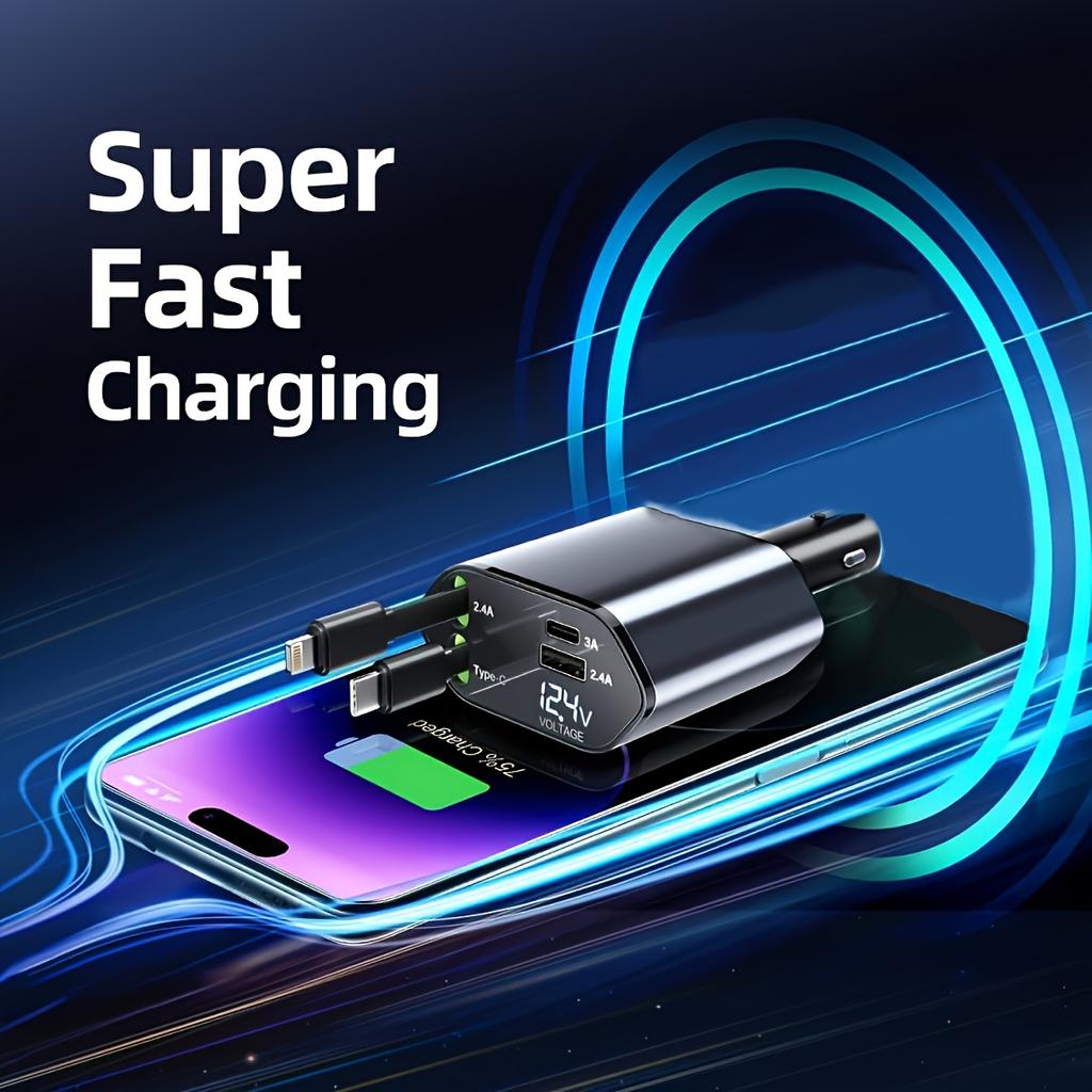 4 v 1 120W zatahovací nabíječka do auta s USB typu C pro iPhone, Huawei, Samsung a rychlonabíjecí kabel s adaptérem do zapalovače cigaret