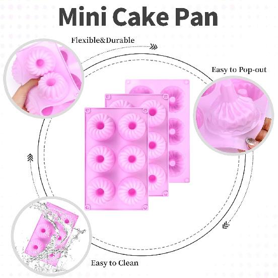 3 Pack Purple Mini Cake Pans for Baking, Silicone Small Cake Pan Mold Moldes Para Gelatinas, 6 Cavity Nonstick Mini Cheesecake Pans, Jello Molds