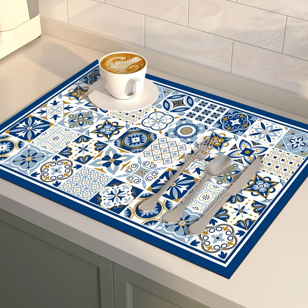 1Pcs Rubber Drying Mat With Retro Blue Simple Print For Coffee Shop Kitchen Carpet Tableware Durable Diatom Mud Table Mat Pet Mat Coffeeware