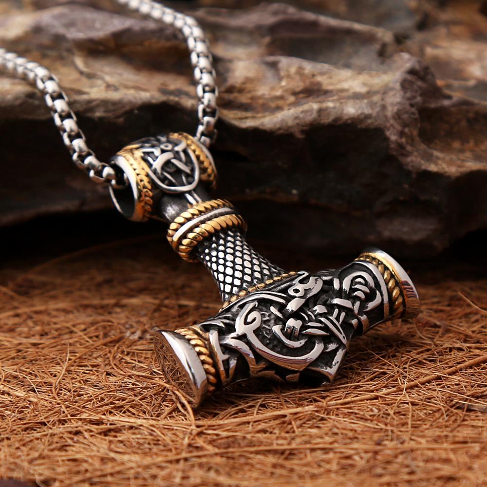Norse Vikings Stainless Steel Thor's Hammer Mjolnir Scandinavian Rune Amulet Necklace Chain Vegvisir Anchor Pendant Male Jewelry